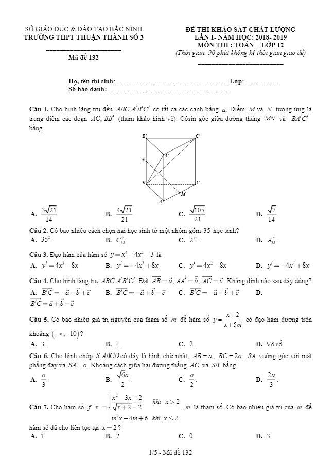 Đề thi KSCL Toán 12 năm học 2018 – 2019 trường Thuận Thành 3 – Bắc Ninh lần 1