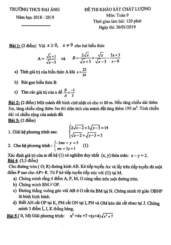Đề thi KSCL Toán 9 năm 2018 – 2019 trường THCS Đại Áng – Hà Nội