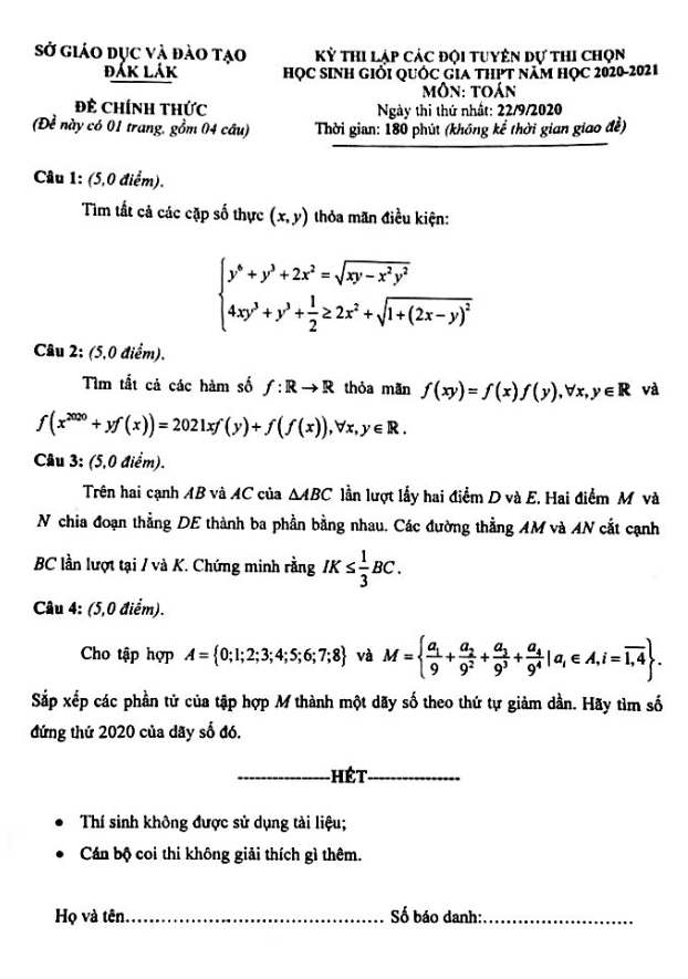 Đề thi lập đội tuyển HSG Toán THPT năm 2020 – 2021 sở GD&ĐT Đắk Lắk (ngày 1)