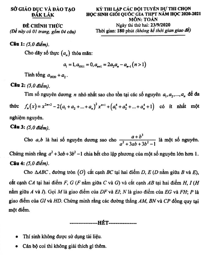 Đề thi lập đội tuyển HSG Toán THPT năm 2020 – 2021 sở GD&ĐT Đắk Lắk (ngày 2)
