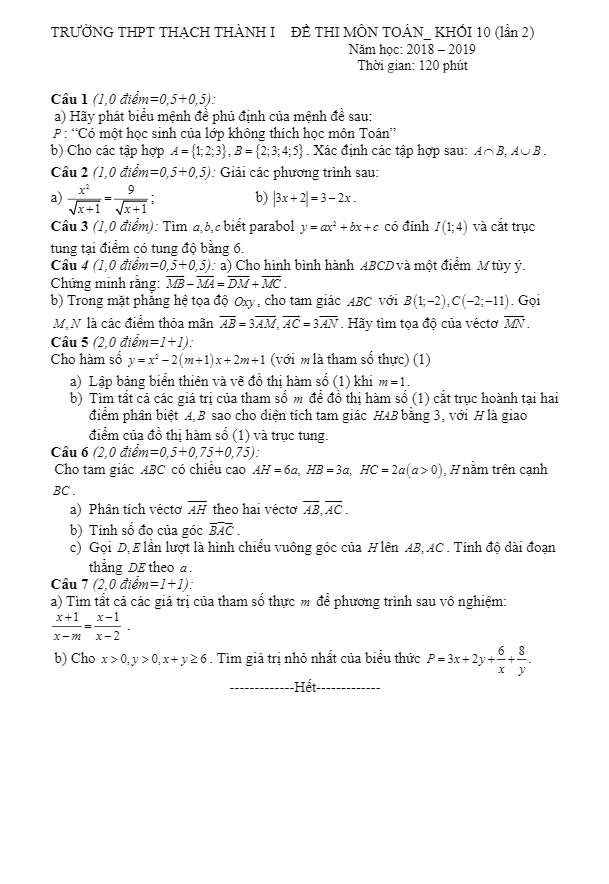 Đề thi môn Toán 10 lần 2 năm 2018 – 2019 trường Thạch Thành 1 – Thanh Hóa