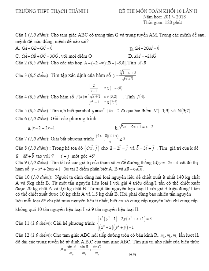 Đề thi môn Toán khối 10 lần 2 năm 2017 – 2018 trường Thạch Thành 1 – Thanh Hóa