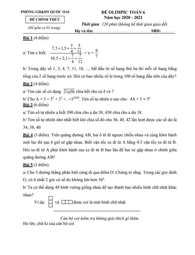 Đề thi Olimpic Toán 6 năm 2020 – 2021 phòng GD&ĐT Quốc Oai – Hà Nội