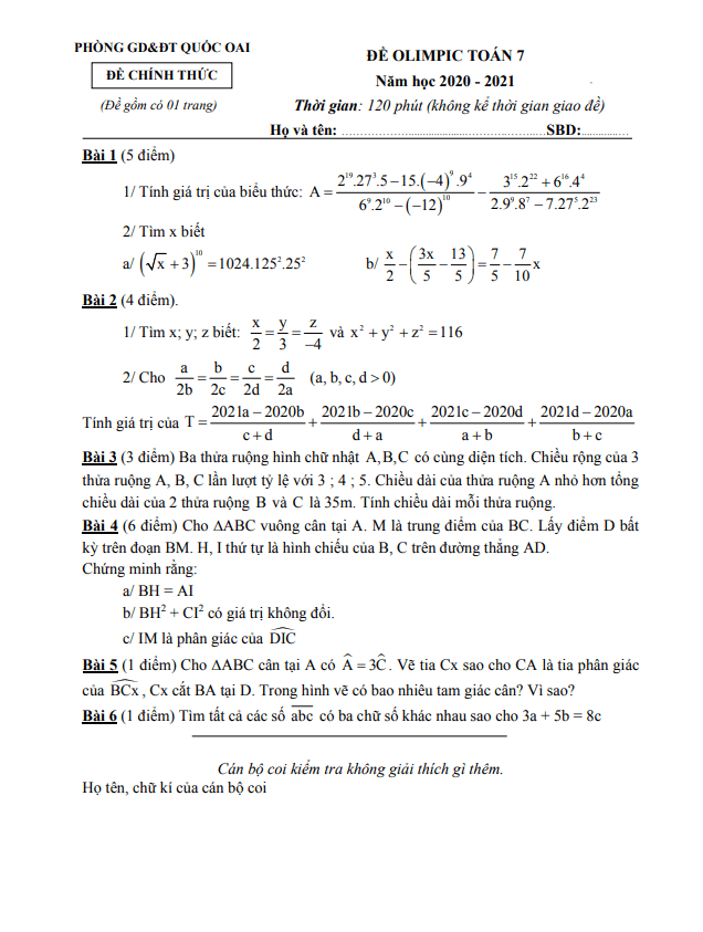 Đề thi Olimpic Toán 7 năm 2020 – 2021 phòng GD&ĐT Quốc Oai – Hà Nội