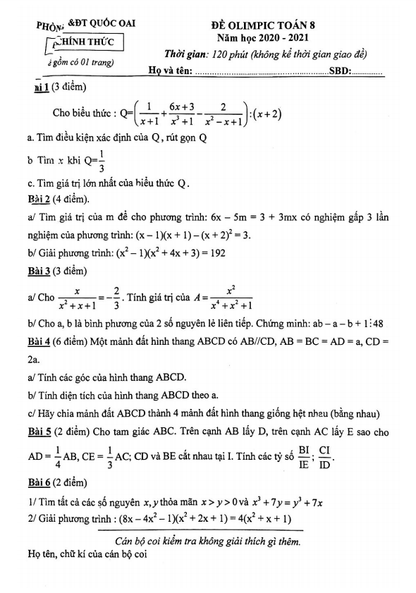 Đề thi Olimpic Toán 8 năm 2020 – 2021 phòng GD&ĐT Quốc Oai – Hà Nội