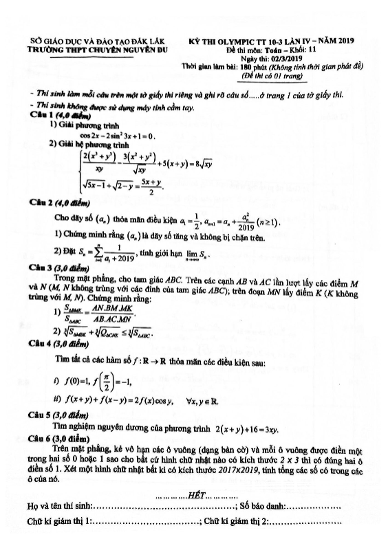 Đề thi Olympic 10/3 Toán 11 năm 2019 lần 4 trường chuyên Nguyễn Du – Đăk Lăk