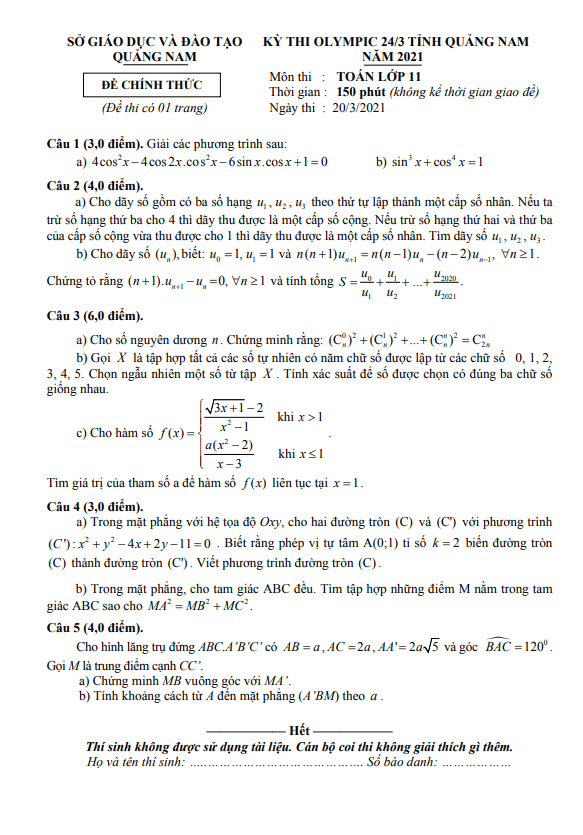 Đề thi Olympic 24/3 Toán 11 năm 2021 sở GD&ĐT Quảng Nam