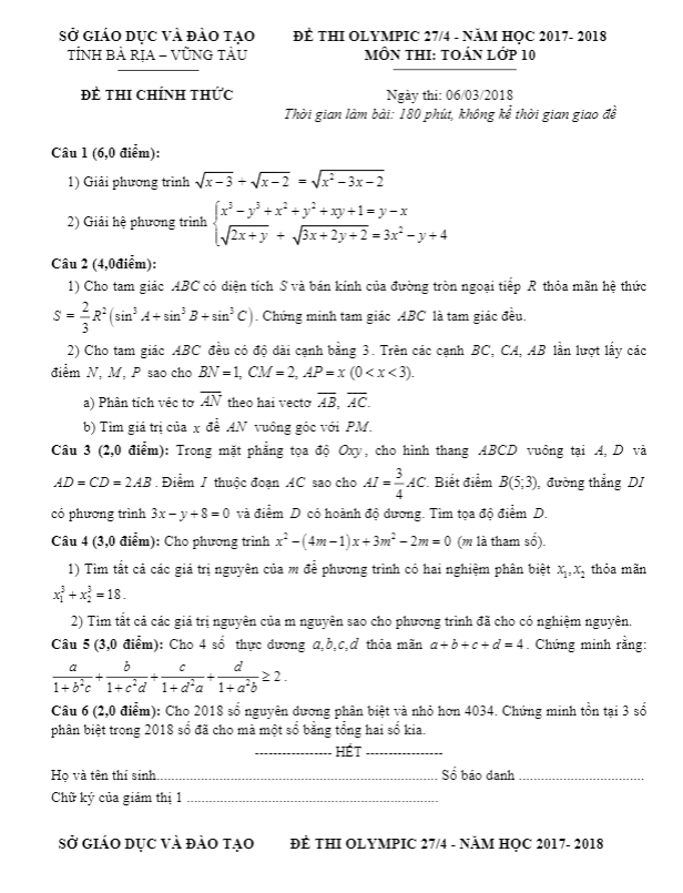 Đề thi Olympic 27/4 Toán 10 năm 2017 – 2018 sở GD và ĐT Bà Rịa – Vũng Tàu