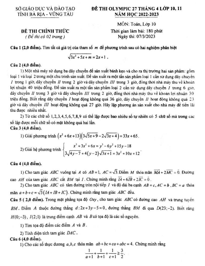 Đề thi Olympic 27 tháng 4 Toán 10 năm 2023 sở GD&ĐT Bà Rịa – Vũng Tàu