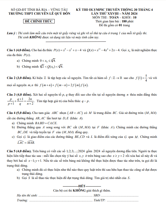 Đề thi Olympic 30/04 Toán 10 lần 28 năm 2024 trường chuyên Lê Quý Đôn – BR VT