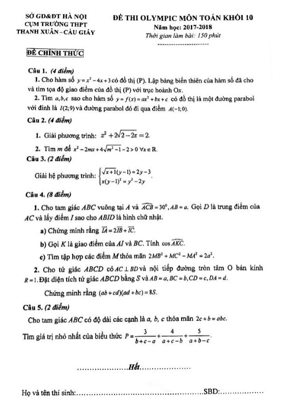 Đề thi Olympic Toán 10 năm 2017 – 2018 cụm trường Thanh Xuân & Cầu Giấy – Hà Nội