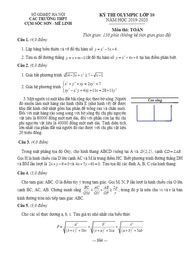 Đề thi Olympic Toán 10 năm học 2019 – 2020 cụm Sóc Sơn – Mê Linh – Hà Nội