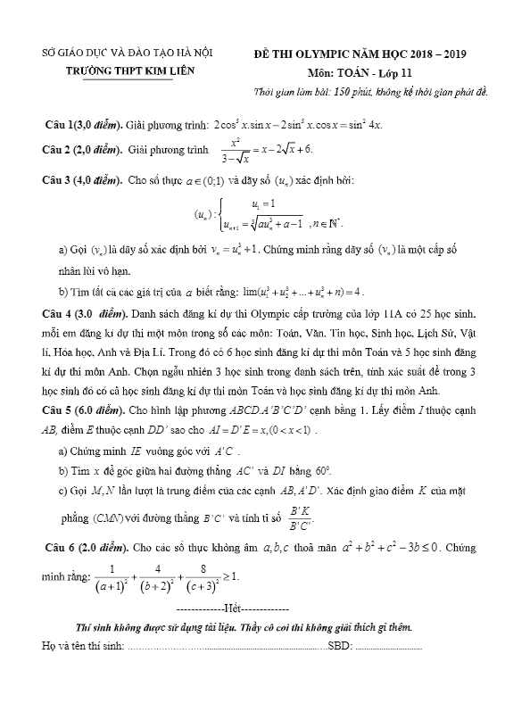 Đề thi Olympic Toán 11 năm 2018 – 2019 trường THPT Kim Liên – Hà Nội