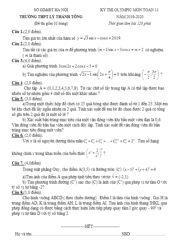 Đề thi Olympic Toán 11 năm 2019 – 2020 trường Lý Thánh Tông – Hà Nội
