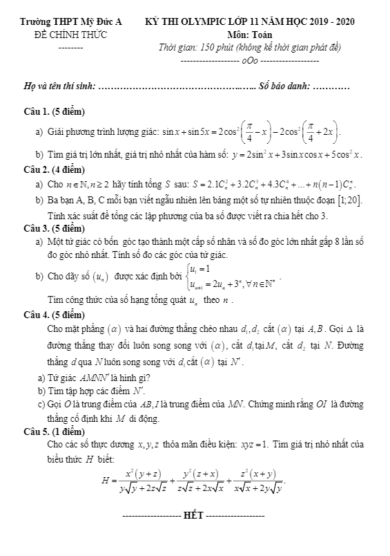 Đề thi Olympic Toán 11 năm 2019 – 2020 trường THPT Mỹ Đức A – Hà Nội