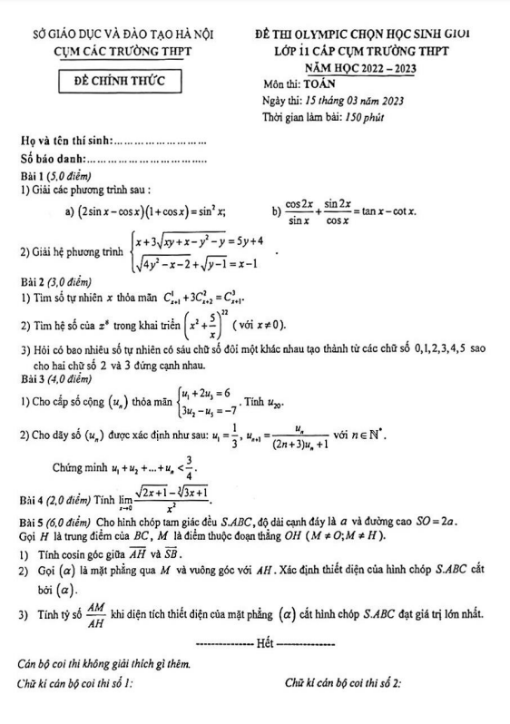 Đề thi Olympic Toán 11 năm 2022 – 2023 cụm các trường THPT – Hà Nội
