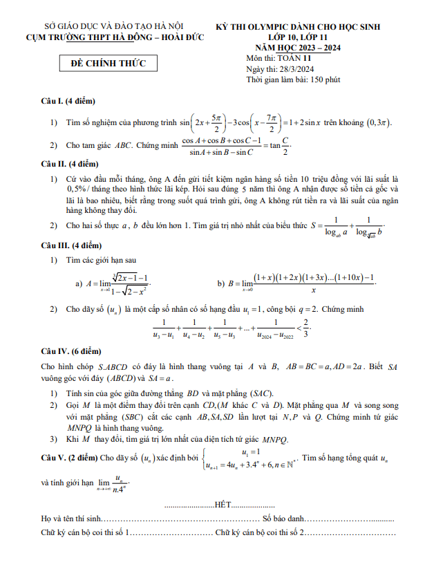 Đề thi Olympic Toán 11 năm 2023 – 2024 cụm Hà Đông & Hoài Đức – Hà Nội