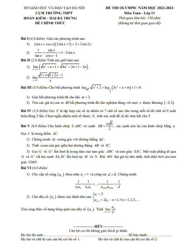 Đề thi Olympic Toán 11 năm 2023 – 2024 cụm Hoàn Kiếm & Hai Bà Trưng – Hà Nội