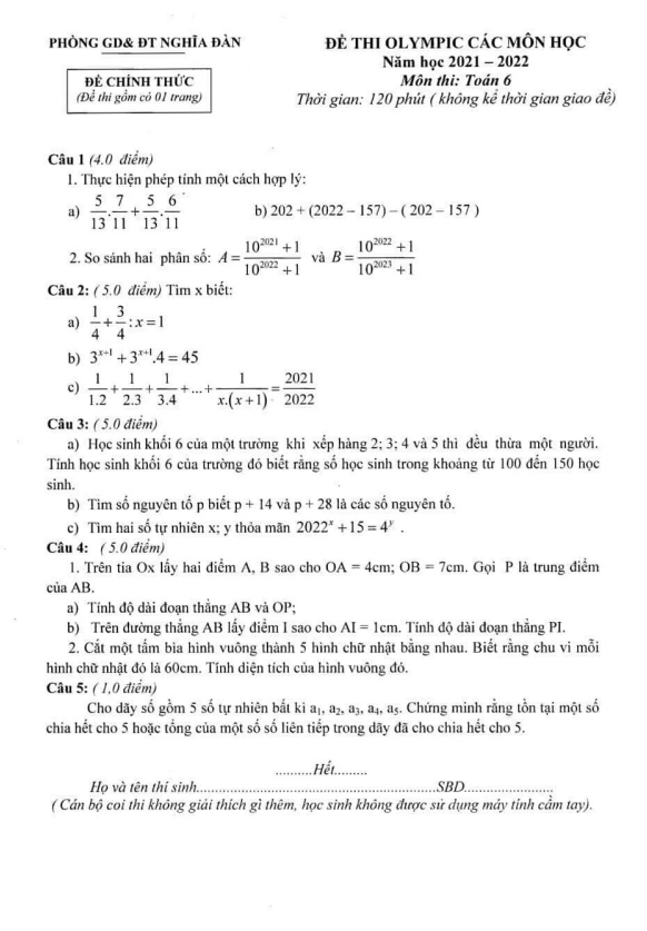 Đề thi Olympic Toán 6 năm 2021 – 2022 phòng GD&ĐT Nghĩa Đàn – Nghệ An