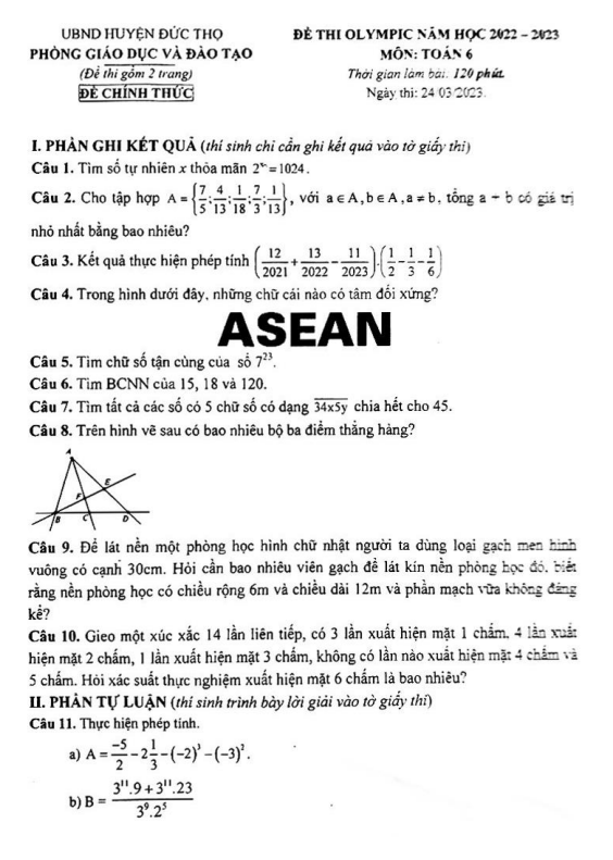 Đề thi Olympic Toán 6 năm 2022 – 2023 phòng GD&ĐT Đức Thọ – Hà Tĩnh