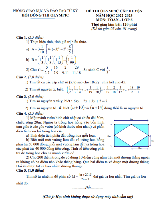 Đề thi Olympic Toán 6 năm 2022 – 2023 phòng GD&ĐT Tứ Kỳ – Hải Dương