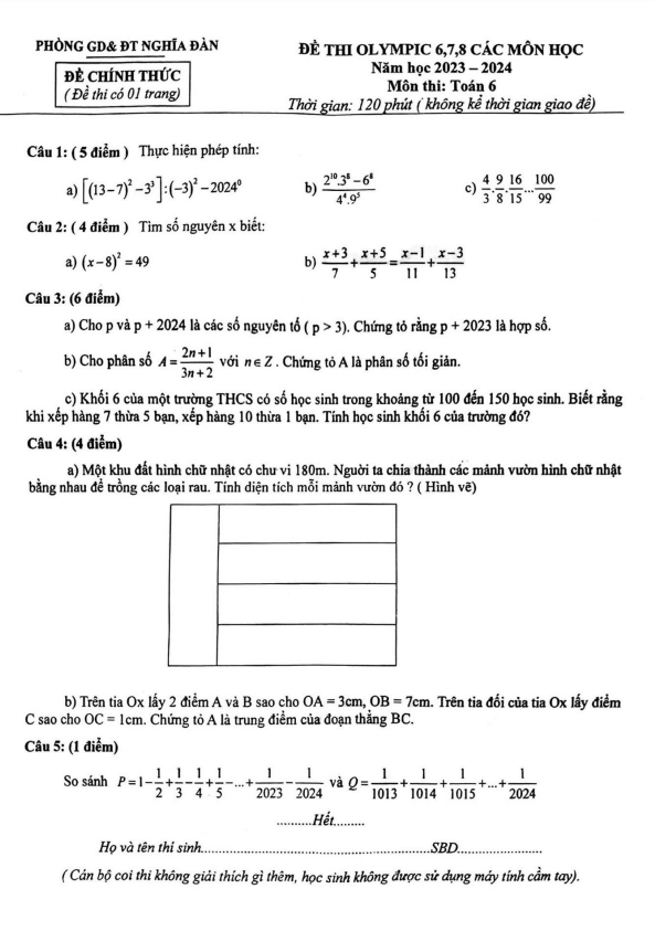 Đề thi Olympic Toán 6 năm 2023 – 2024 phòng GD&ĐT Nghĩa Đàn – Nghệ An