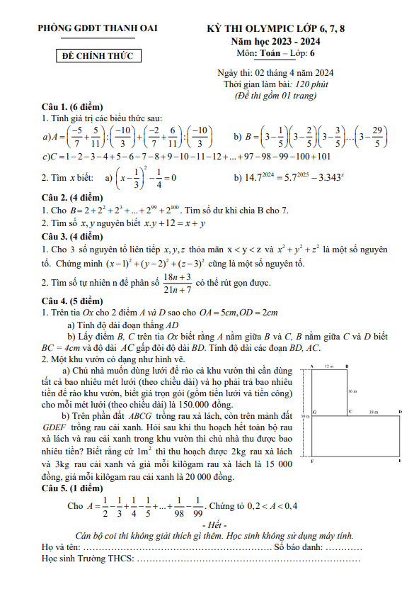 Đề thi Olympic Toán 6 năm 2023 – 2024 phòng GD&ĐT Thanh Oai – Hà Nội