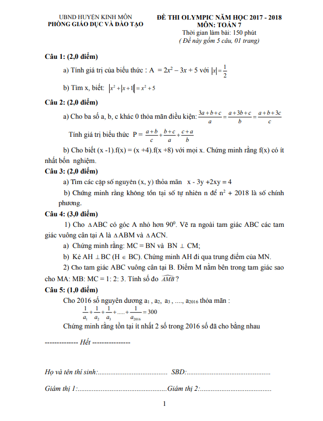 Đề thi Olympic Toán 7 năm 2017 – 2018 phòng GD&ĐT Kinh Môn – Hải Dương