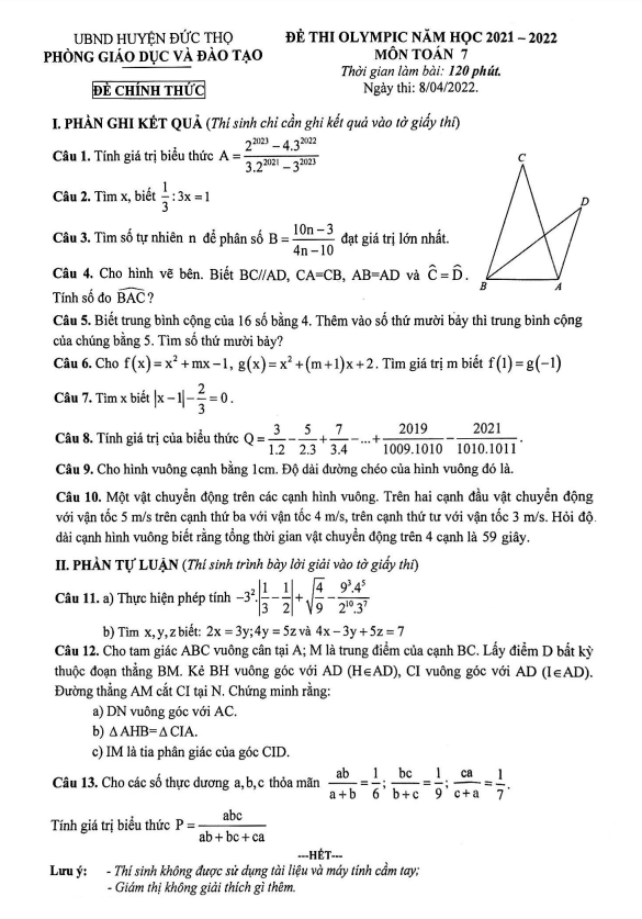 Đề thi Olympic Toán 7 năm 2021 – 2022 phòng GD&ĐT Đức Thọ – Hà Tĩnh