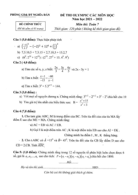 Đề thi Olympic Toán 7 năm 2021 – 2022 phòng GD&ĐT Nghĩa Đàn – Nghệ An