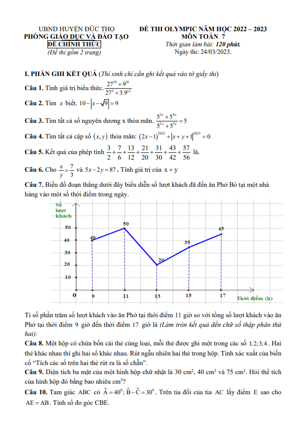 Đề thi Olympic Toán 7 năm 2022 – 2023 phòng GD&ĐT Đức Thọ – Hà Tĩnh