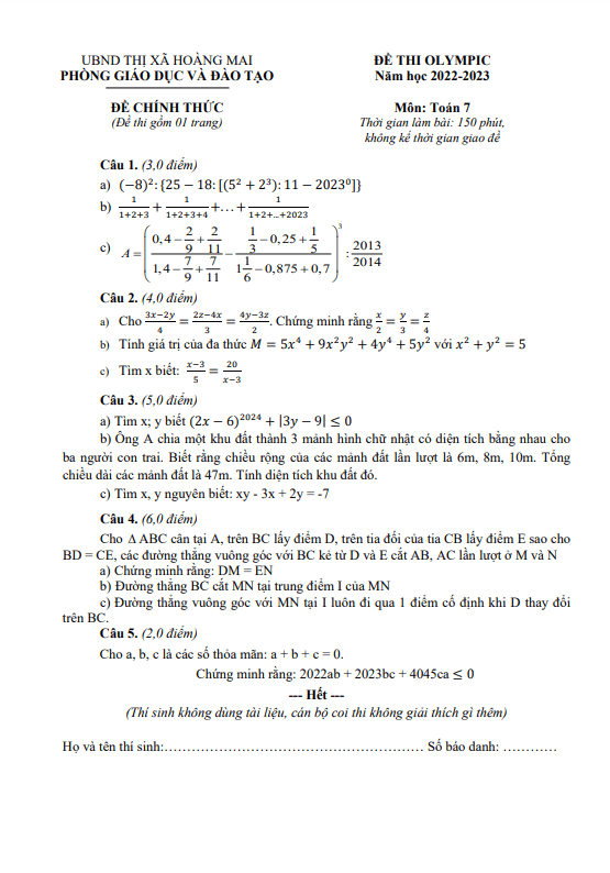 Đề thi Olympic Toán 7 năm 2022 – 2023 phòng GD&ĐT Hoàng Mai – Nghệ An