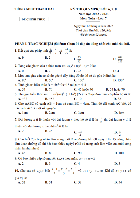 Đề thi Olympic Toán 7 năm 2022 – 2023 phòng GD&ĐT Thanh Oai – Hà Nội