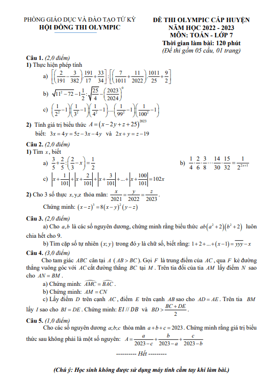 Đề thi Olympic Toán 7 năm 2022 – 2023 phòng GD&ĐT Tứ Kỳ – Hải Dương