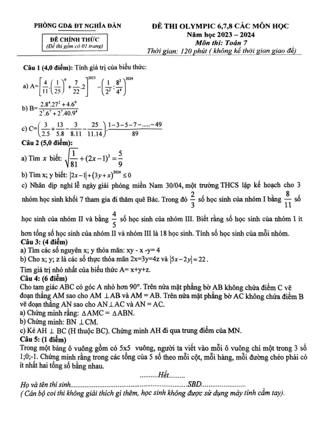 Đề thi Olympic Toán 7 năm 2023 – 2024 phòng GD&ĐT Nghĩa Đàn – Nghệ An