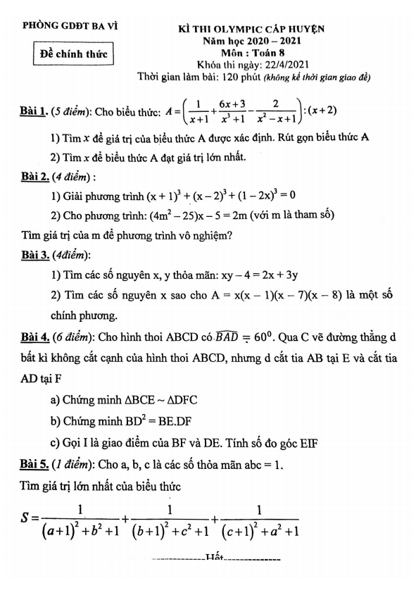 Đề thi Olympic Toán 8 cấp huyện năm 2020 – 2021 phòng GD&ĐT Ba Vì – Hà Nội