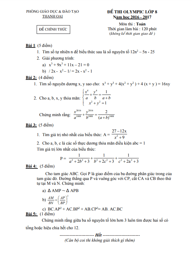 Đề thi Olympic Toán 8 năm 2016 – 2017 phòng GD&ĐT Thanh Oai – Hà Nội