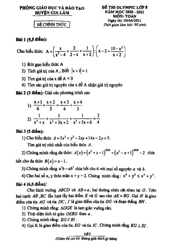 Đề thi Olympic Toán 8 năm 2020 – 2021 phòng GD&ĐT Gia Lâm – Hà Nội