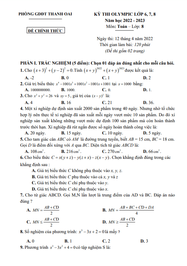 Đề thi Olympic Toán 8 năm 2022 – 2023 phòng GD&ĐT Thanh Oai – Hà Nội