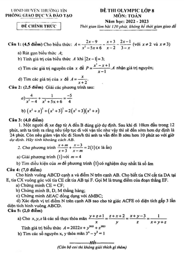 Đề thi Olympic Toán 8 năm 2022 – 2023 phòng GD&ĐT Thường Tín – Hà Nội