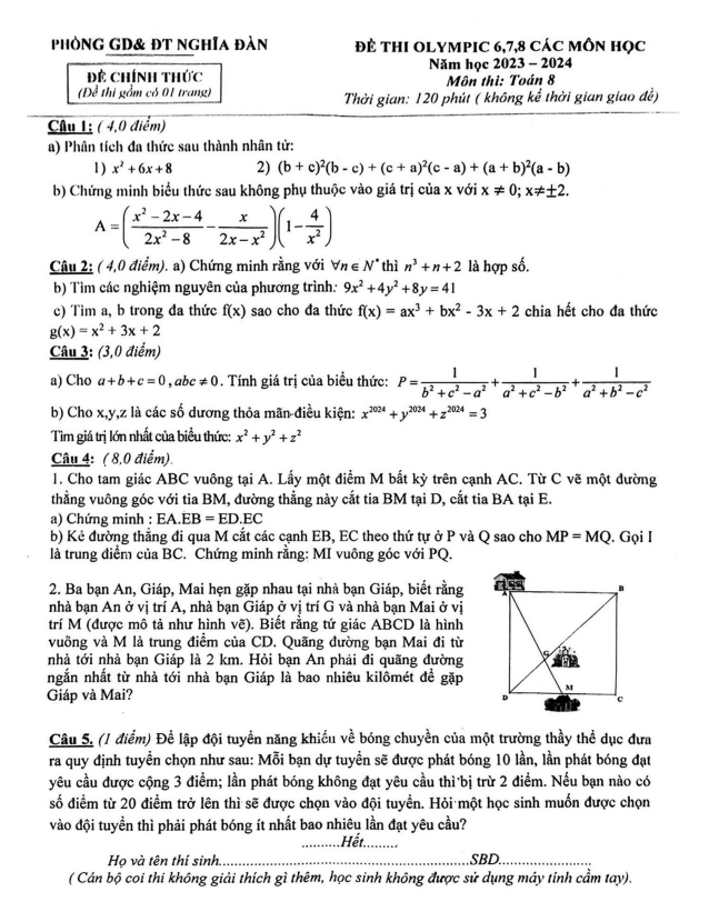Đề thi Olympic Toán 8 năm 2023 – 2024 phòng GD&ĐT Nghĩa Đàn – Nghệ An
