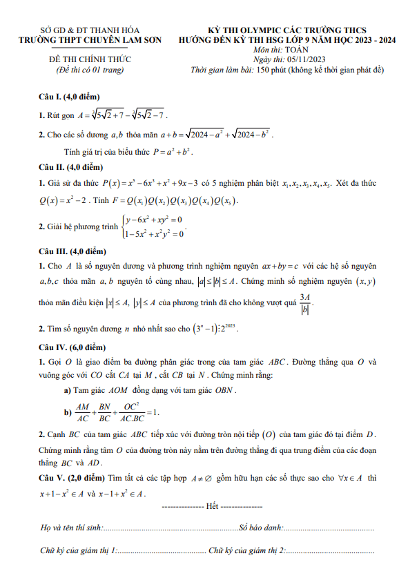 Đề thi Olympic Toán 9 năm 2023 – 2024 trường chuyên Lam Sơn – Thanh Hóa