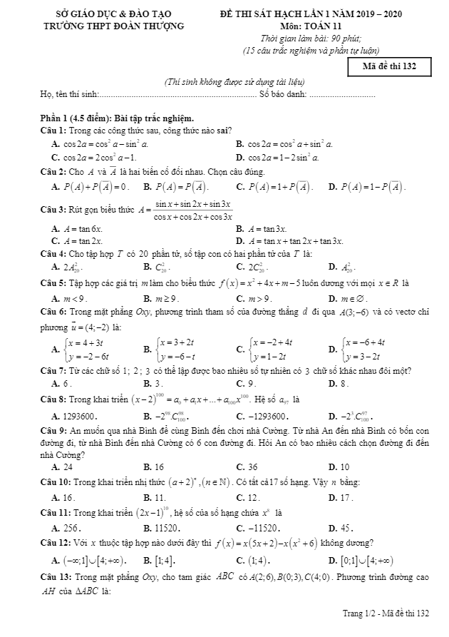 Đề thi sát hạch Toán 11 lần 1 năm 2019 – 2020 trường Đoàn Thượng – Hải Dương