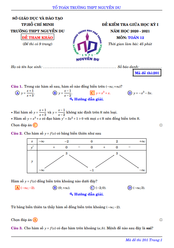 Đề thi tham khảo giữa HKI Toán 12 năm 2020 – 2021 trường THPT Nguyễn Du – TP HCM