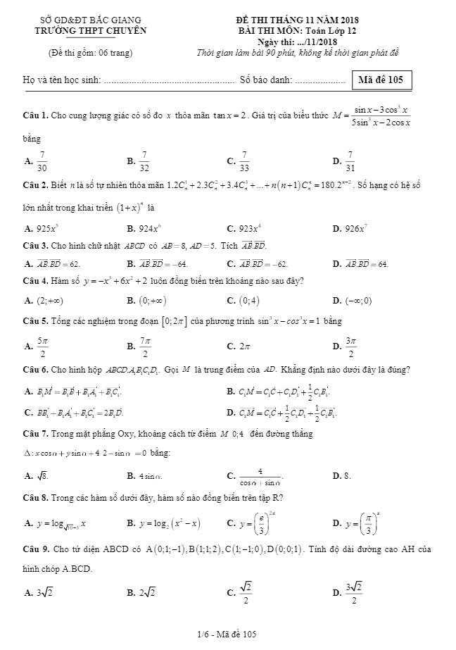 Đề thi tháng 11 năm 2018 môn Toán 12 trường THPT chuyên Bắc Giang