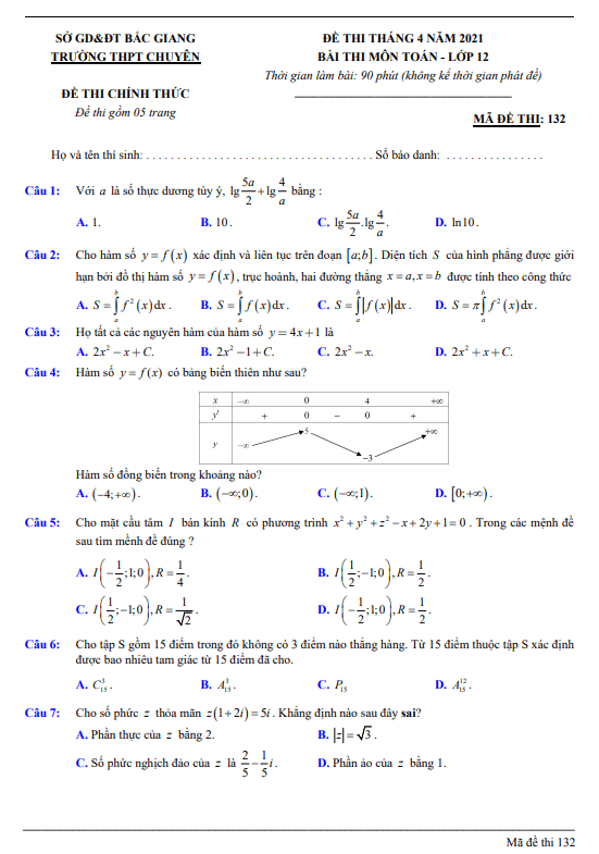 Đề thi tháng 4 năm 2021 môn Toán 12 trường THPT chuyên Bắc Giang