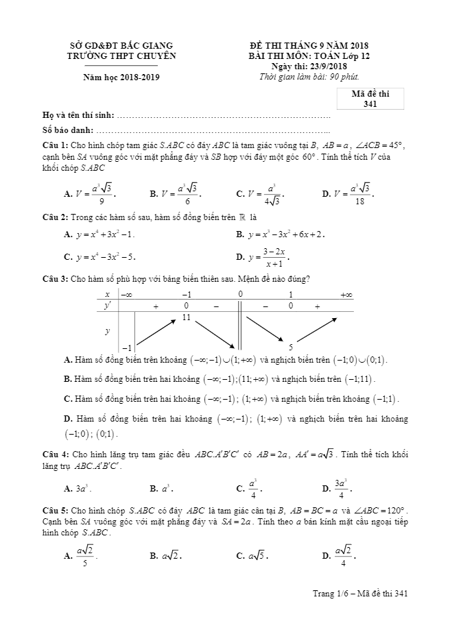 Đề thi tháng 9 năm 2018 môn Toán 12 trường THPT chuyên Bắc Giang
