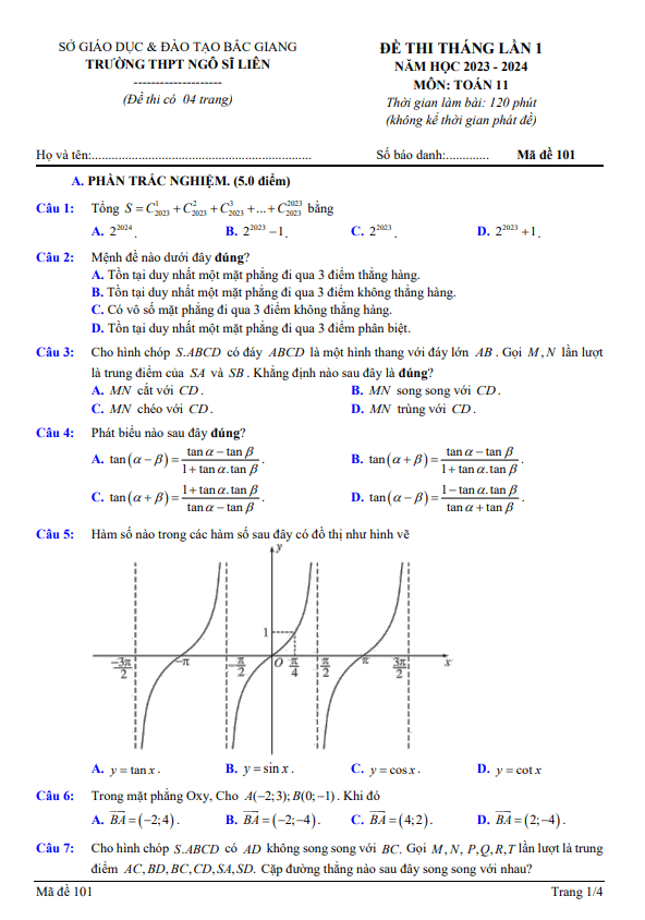 Đề thi tháng lần 1 Toán 11 năm 2023 – 2024 trường THPT Ngô Sĩ Liên – Bắc Giang
