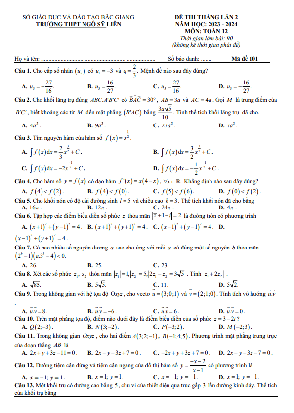 Đề thi tháng lần 2 Toán 12 năm 2023 – 2024 trường THPT Ngô Sĩ Liên – Bắc Giang