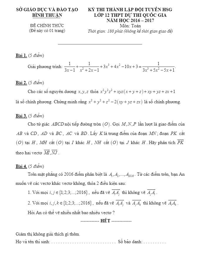 Đề thi thành lập đội tuyển HSG Toán 12 dự thi Quốc gia năm học 2016 – 2017 sở GD và ĐT Bình Thuận